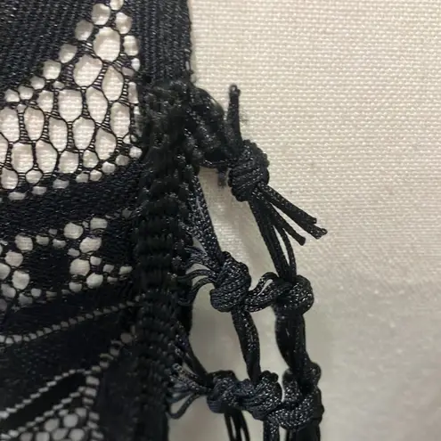 Upopby Black Boho Floral Lace Fringed Hem Sheer Short Duster Swim Cover Up