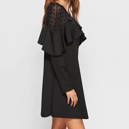 Black Polka Dot Mesh Neck Ruffle Trim A Line Dress Black Size M