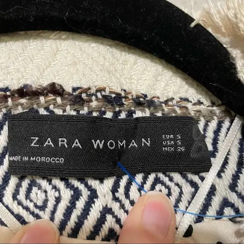 ZARA  Blue Red & White Fringe Embellished Blazer Long Jacket S Tweed Boho