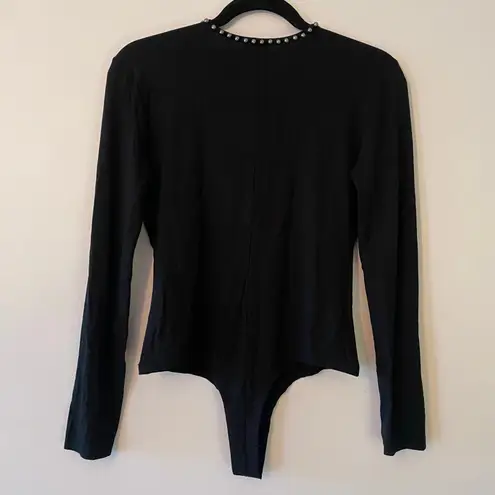 NBD NWT  Black Beaded V-neck Bodysuit Long Sleeve Stretchy Glam Women size Medium