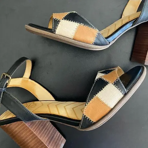 MIA Heritage Dolores tan, black & brown patchwork leather chunky heels Size 8