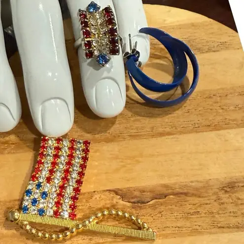 USA Jewelry Bundle: Fourth of July Vintage Fashion Ring, Earrings & Flag Pin Red