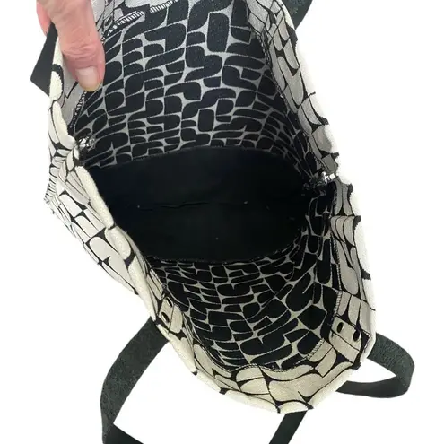 Nienkamper women's cream and black geoprint fabric and leather tote shoulder bag