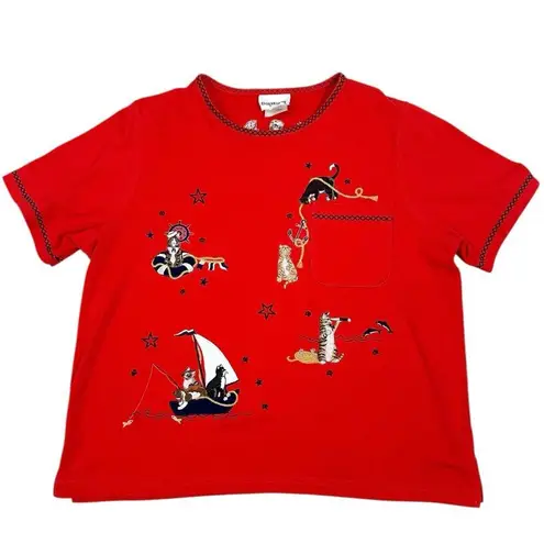 Bonworth Vintage 80s 90s Nautical Kitty Cat Tee Top Size Large Sailing