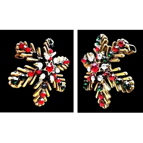 Christmas Snowflake Brooch Pin Star Red Green Crystal Accents Festive Wi…