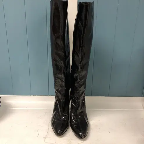 Salvatore Ferragamo Women Sz 7.5 Black Patent Leather Tall Knee High Heel Boot