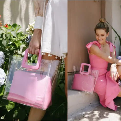 STAUD Shirley Transparent Handbag Tote Leather PVC Clear Pink Medium NWT