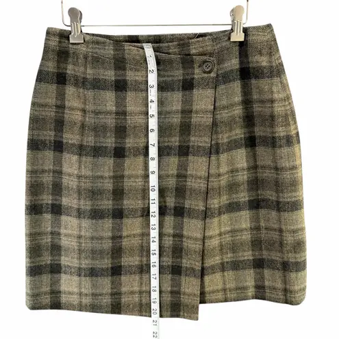 Max Mara Weekend Wrap Mini Skirt 12 Khaki Wool Glen Plaid Winter Dark Academia Tan