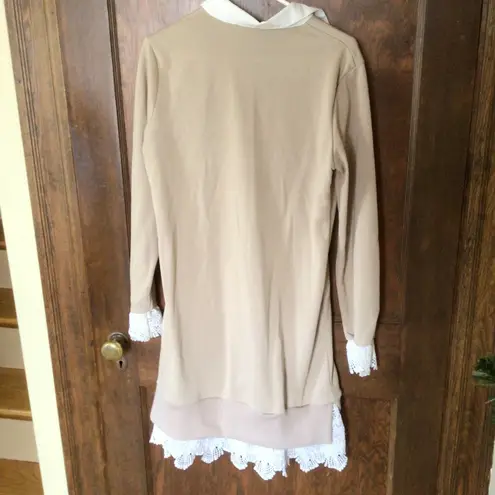 Women's Patchwork Floral Lace Sweatshirt Dress in Khaki sz small Tan