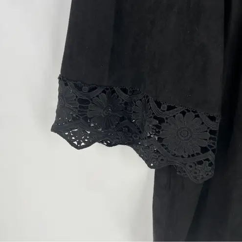 JODIFL Black Faux Suede Crisscross V-Neck Lace Trim Flare Sleeve Dress M