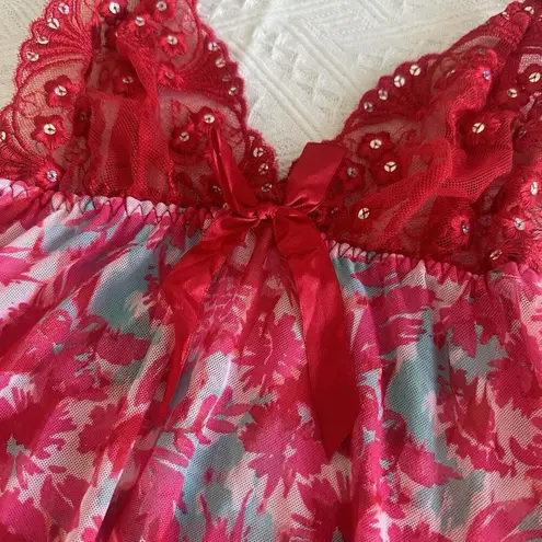 Women’s Pink & Red Mesh Lace & Sequins Babydoll Lingerie Top Sz S Small