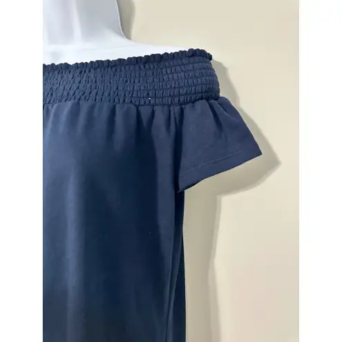 Drew ANTHROPOLOGIE Off Shoulder Top XS Navy Blue Smocked Neckline Short Sleeve