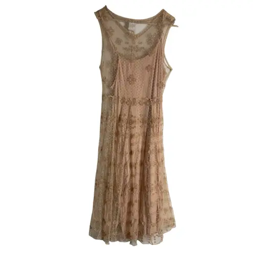 Sundance Nude Embroidered Chiffon Mesh Swiss Dot Slip Midi Dress Size Medium