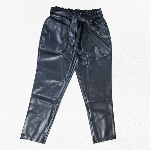 Avec Les Filles Black Faux Leather Belted High Rise Straight Pants Size Medium
