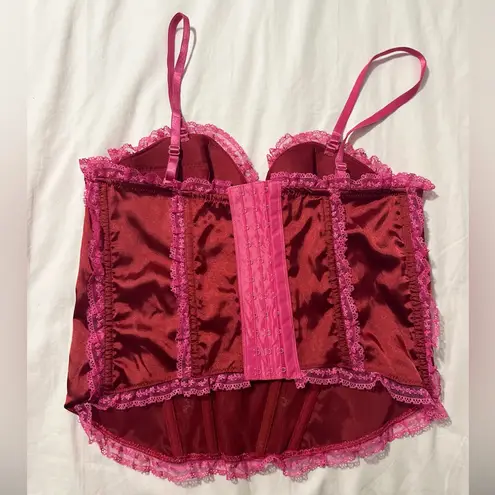 Red Satin Corset Heart Top with Pink Lace Trim Size L
