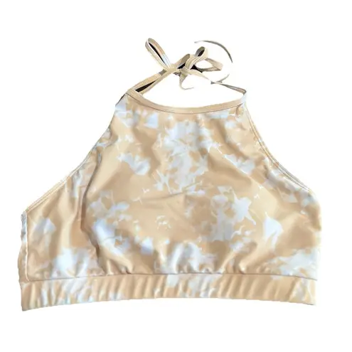 Tan/White Tie Dye Bikini Top Removable Pads Size L Halter Ties Elastic Hem Tan Size L