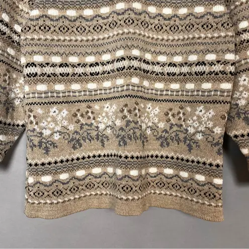 Vintage Sweater Cottagecore Floral Striped Women Acrylic Tan White Wide Collar Size L