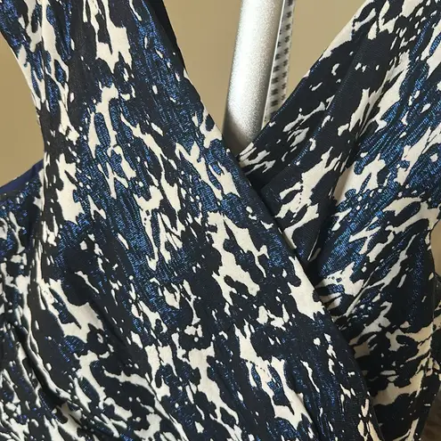 Rickie Freeman for Teri Jon Blue and White Patterned Midi Dress Size 10