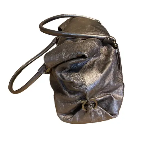 Salvatore Ferragamo METALLIC SILVER/BRONZE LEATHER FOLD OVER SHOULDER BAG