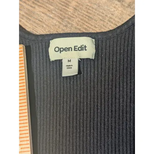 Open Edit Black Ribbed Knit Square Neck Long Sleeve Top M