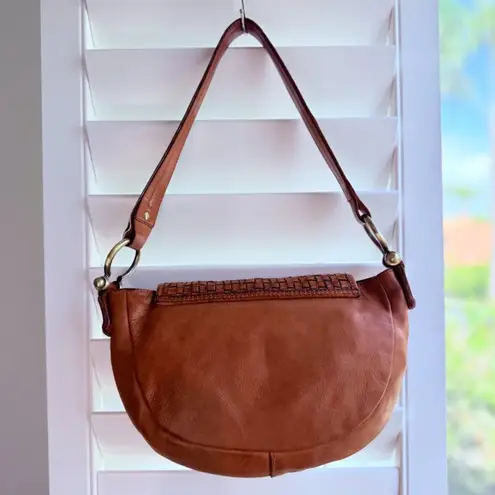 Marta Ponti Cognac Brown Leather Basketweave Satchel Handbag with Brass Hardware