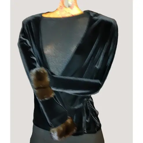 Chetta B Black Velvet Blouse Jacket Top NYC Real Mink Fur Cuff Crossover