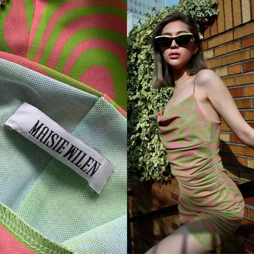 NEW Maisie Wilen Mesh Slip Mini Dress Chain Strap Pink Green Psychedelic Print