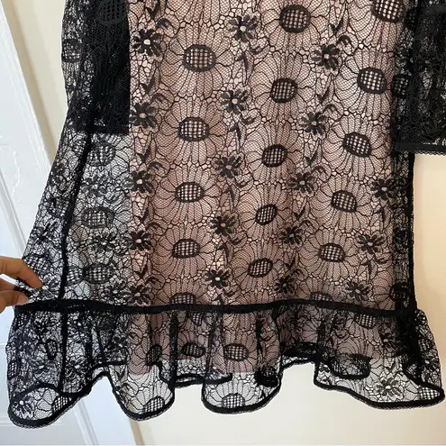 Reiss Jade Floral Lace Bell Sleeve Semi Sheer Mini Dress Black Sz 2