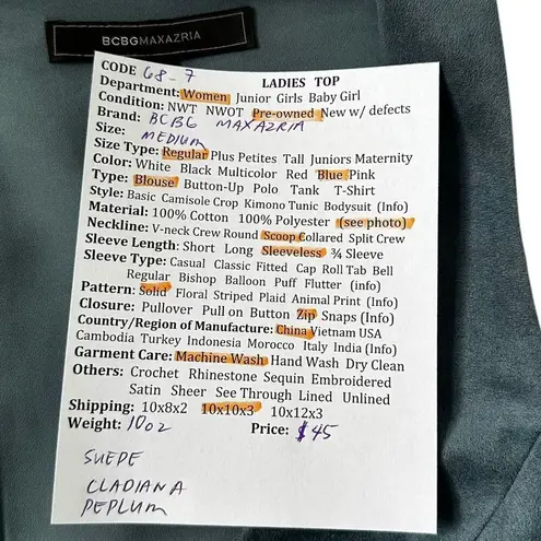 BCBG Maxazria Blue Faux Suede Cladiana Peplum Blouse Women Size Medium | 68