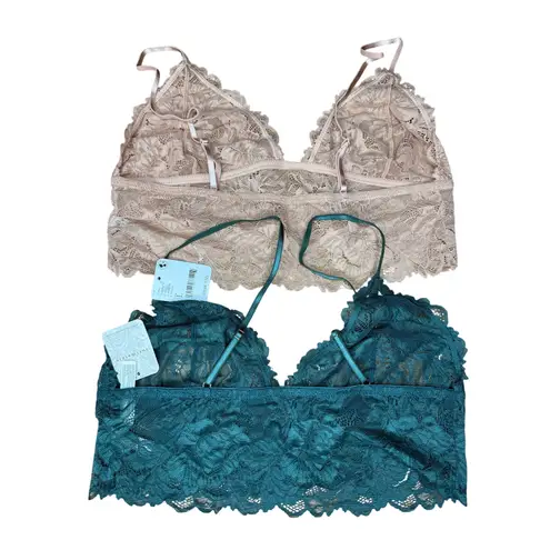 Free People Intimately Lace Bralette Set L Nude & Evergreen Floral Sheer Boho Tan Size L