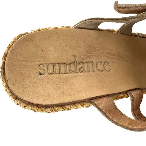 Sundance Beige Leather Open Toe Woven Wedge Heel Slides Size 38 Sandals Tan