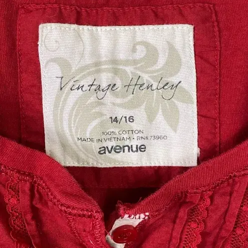 Avenue Vintage Henley Red Lace Pintucked Tshirt Size 14/16