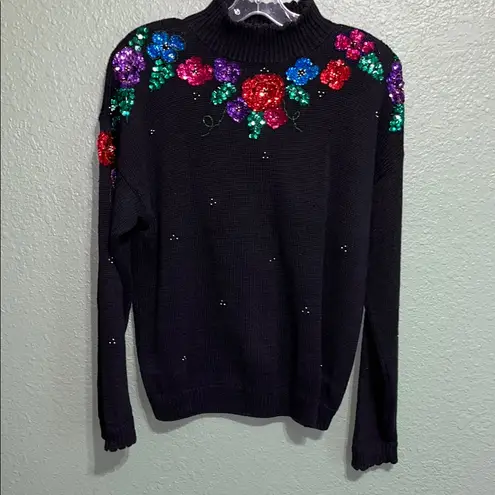 Vintage 70s 80s Boho Floral Embellished Black Sweater sequin flowers gold beaded Size M