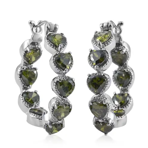 Stainless Steel Simulated Diamond Avocado Green Peridot Inside Out Hoop Earrings