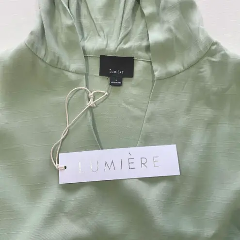 Lumière New V-Neck Hooded Top Drawstring Hem Woven Hoodie Sage