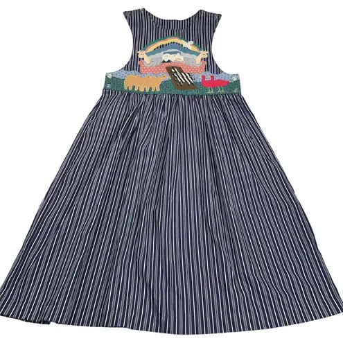 Handmade Artisan Applique Noah's Ark Jumper Dress Navy Pinstripe Est. Size L