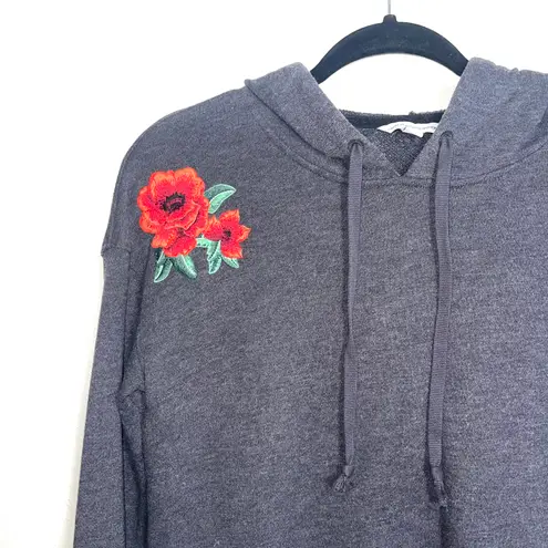 American Eagle Gray Rose Embroidered Crop Hooded Sweatshirt