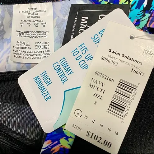 Swim Solutions Fauxkini Triple Tier One Piece Swimsuit Blue Purple Sz 8 NWT