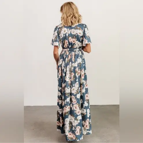 Baltic Born NEW Sicily Satin Short Sleeve Maxi Dress Floral Blue Large L NWT