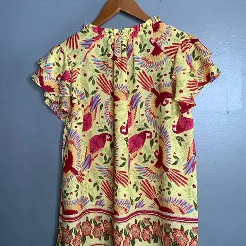Rachel Roy Red &Yellow Colorful Parrot Print Short Ruffle Sleeve Blouse Large Green Size undefined