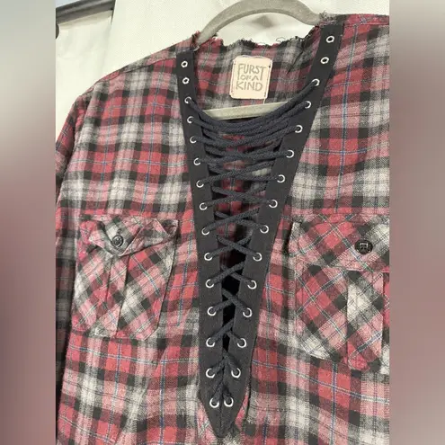 LF  Furst of a Kind Red and Black Plaid Flannel Pull Over Shirt
