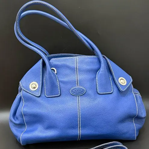 TOD’S Blue Pebbled Leather Contrast Stitch Button Snap Closure Satchel Crossbody