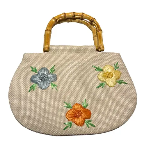 Old Navy Vintage Style  Straw Woven Floral Handbag with Bamboo Handles