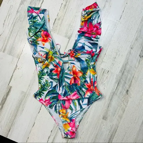 None Floral Ruffled Monokini Plunging V-Neck Tie Back High-Cut