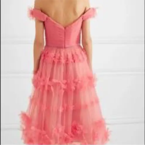 Marchesa Notte Off Shoulder Tulle 3D Floral Midi Gown Dress Size 0 Pink Tiered
