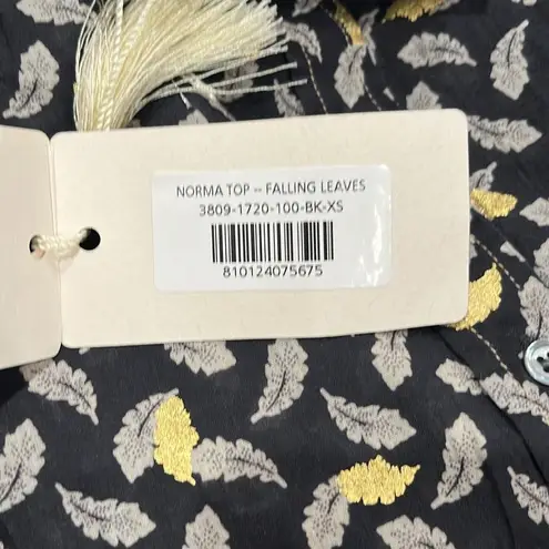 NWT Doen DÔEN Norma Leaf Print Tie Cotton Poplin Blouse Top Black Gold XS