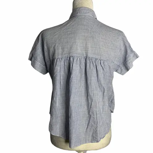 Floral Embroidered Button Up Striped Shirt 60PE Blue Size M