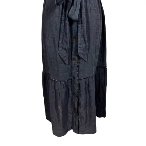 AYR The Kite Midi Dress Cotton Gauze Button Front Pom Pom Tiered Blk PLEASE READ