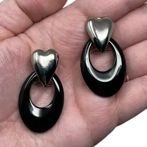 Vintage Unsigned Silver Tone Heart Post Earrings Dangle Hoops Retro Y2K Bratz