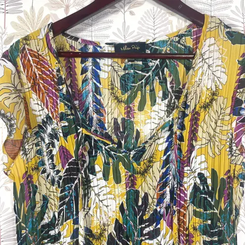 Melissa Paige Women's Top M Boho Leaf Print Pleated Tunic Blouse Tassel Detail